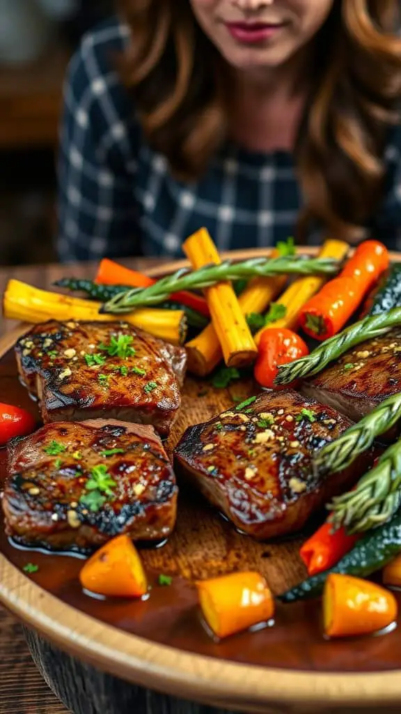 A delicious serving of garlic butter steak bites accompanied by vibrant roasted vegetables