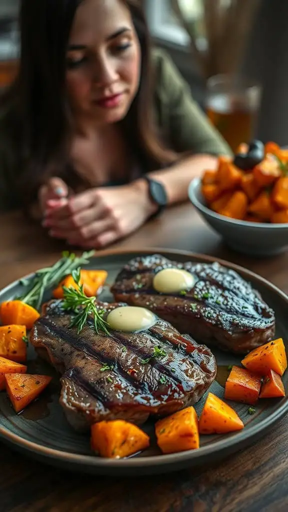 A plate featuring garlic butter steak bites with roasted sweet potatoes, garnished with herbs.