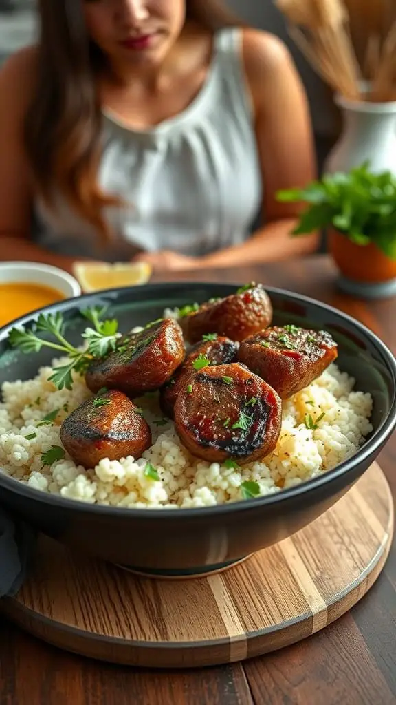 Garlic butter steak bites on a bed of cauliflower rice garnished with parsley