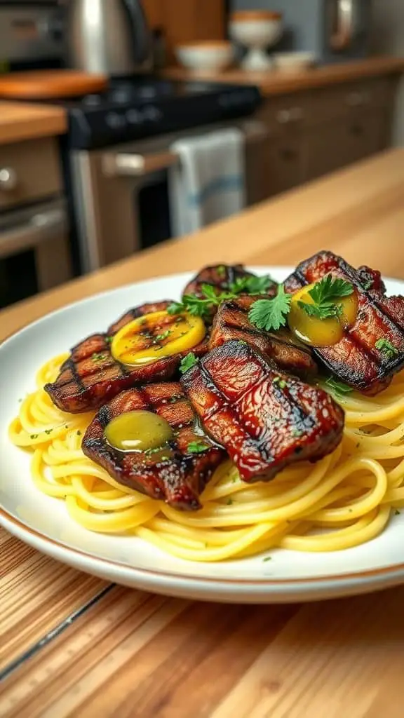 Garlic butter steak bites served over spaghetti squash.