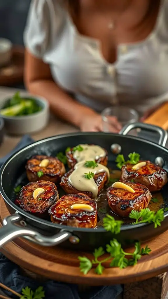 Delicious garlic butter steak bites topped with a creamy Parmesan sauce and garnished with parsley.