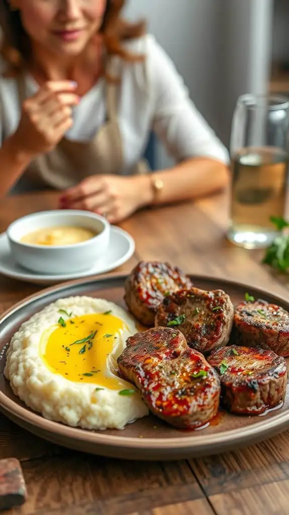 Delicious garlic butter steak bites served with creamy cauliflower mash.