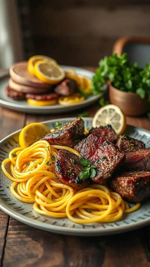 Garlic Butter Steak Bites with Lemon Herb Zoodles on a plate.