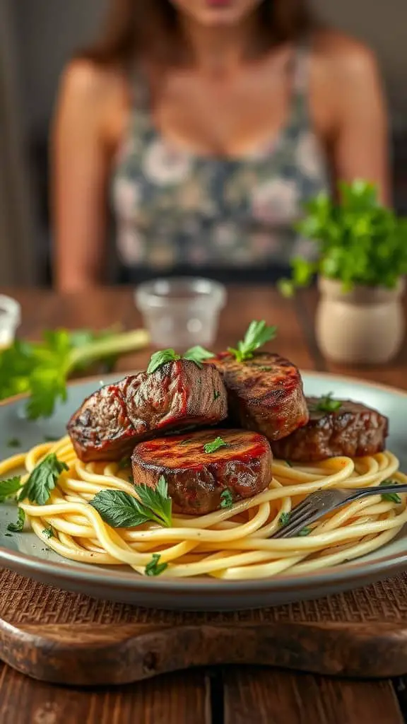 Plate of garlic butter steak bites served with zucchini noodles