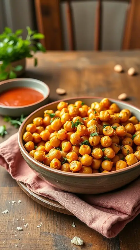 Bowl of garlic Parmesan roasted chickpeas, garnished with parsley.