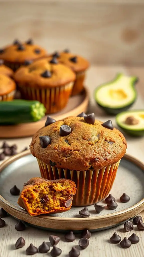 Delicious Greek Yogurt Chocolate Chip Zucchini Muffins on a plate with chocolate chips scattered around.