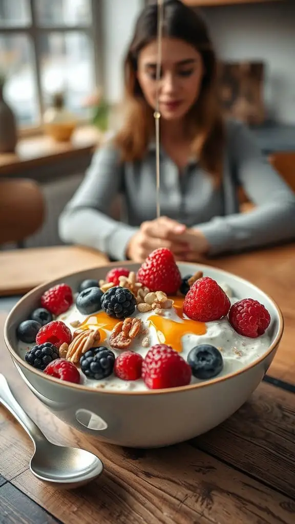 A bowl of creamy Greek yogurt overnight oats topped with fresh berries and nuts.