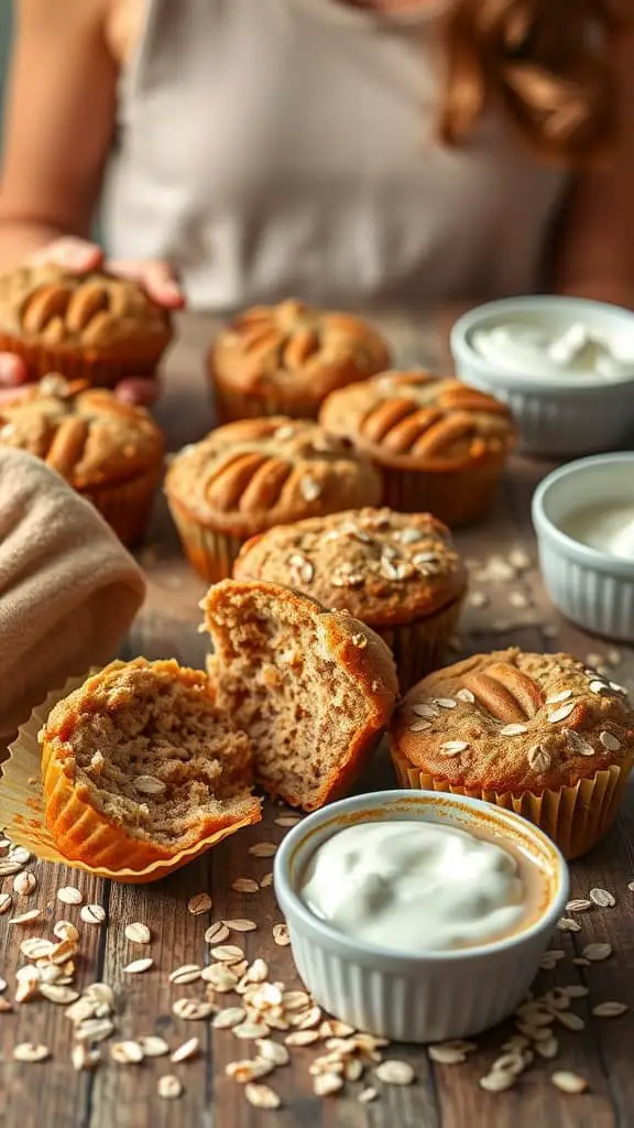 A display of Greek Yogurt Oatmeal Muffins with some muffins cut in half, showcasing their texture and ingredients.