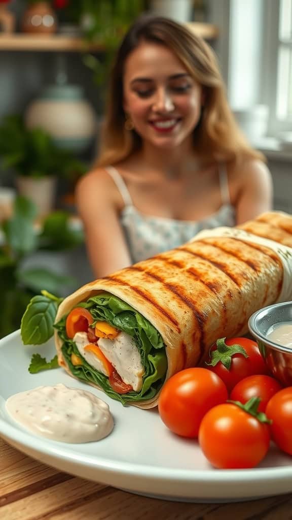 Delicious grilled chicken wrap with spinach and vegetables, served with cherry tomatoes.