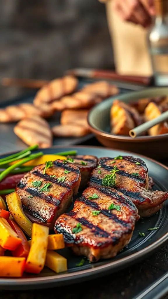 Grilled garlic butter steak bites served with colorful vegetables