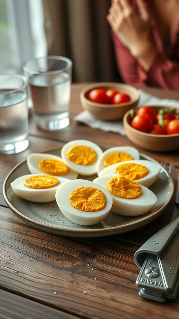 Plate of sliced hard-boiled eggs with yellow yolks