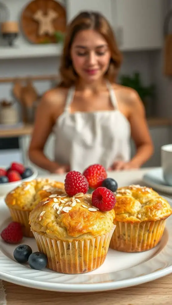 Delicious and healthy Greek yogurt muffins topped with fresh berries on a plate