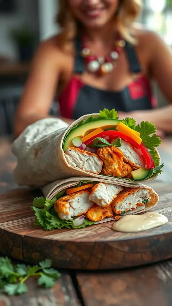 Healthy chicken wrap with avocado and fresh vegetables