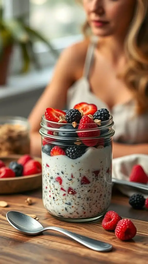 A jar of overnight oats with berries and nuts on a wooden table.