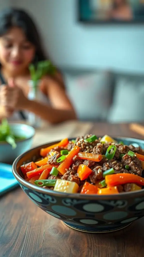 A colorful bowl of Healthy Korean Ground Beef Stir-Fry with vibrant vegetables