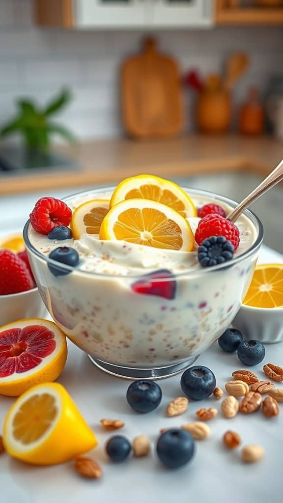 Healthy lemon cheesecake overnight oats with fresh berries on top