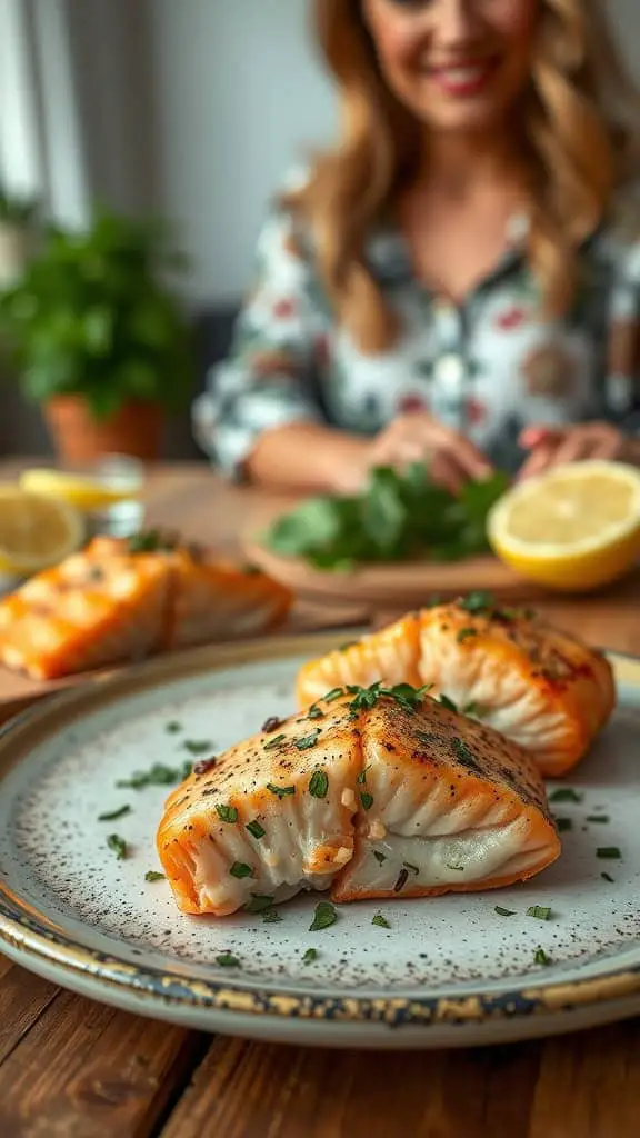 Healthy lemon pepper salmon bites garnished with fresh herbs.