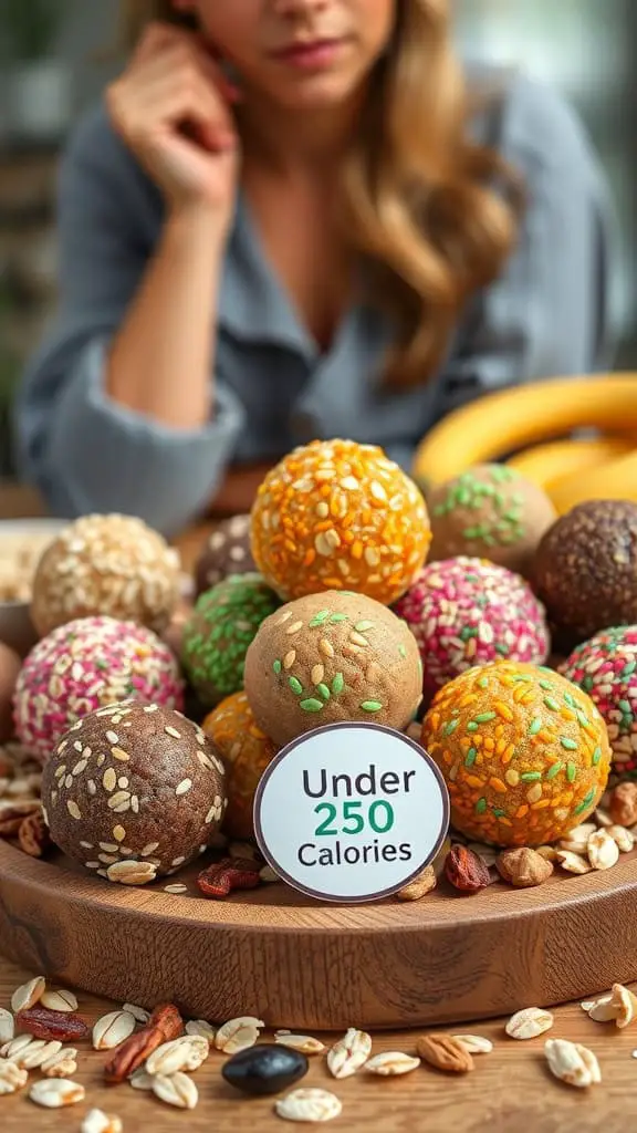 A variety of colorful energy balls on a wooden platter, highlighting their appeal as a healthy snack under 250 calories.