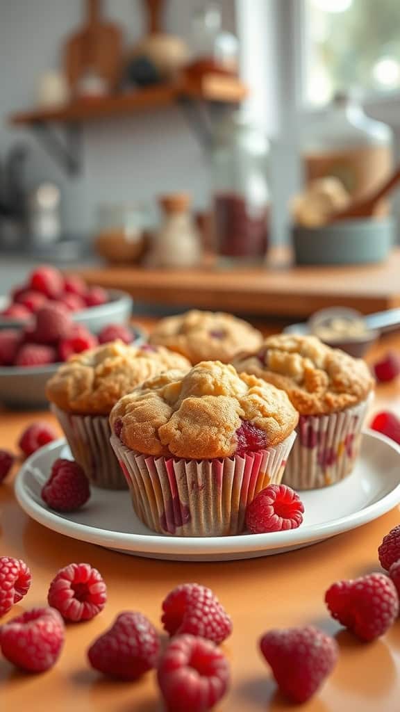 Healthy raspberry muffins on a plate, surrounded by fresh raspberries.