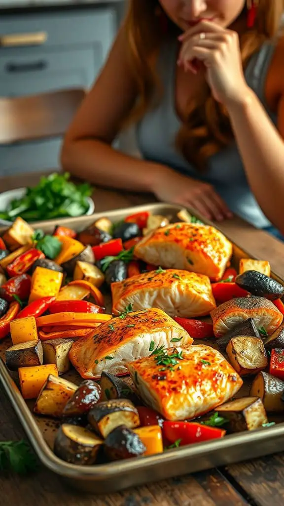 Healthy sheet pan salmon bites with roasted vegetables on a tray.