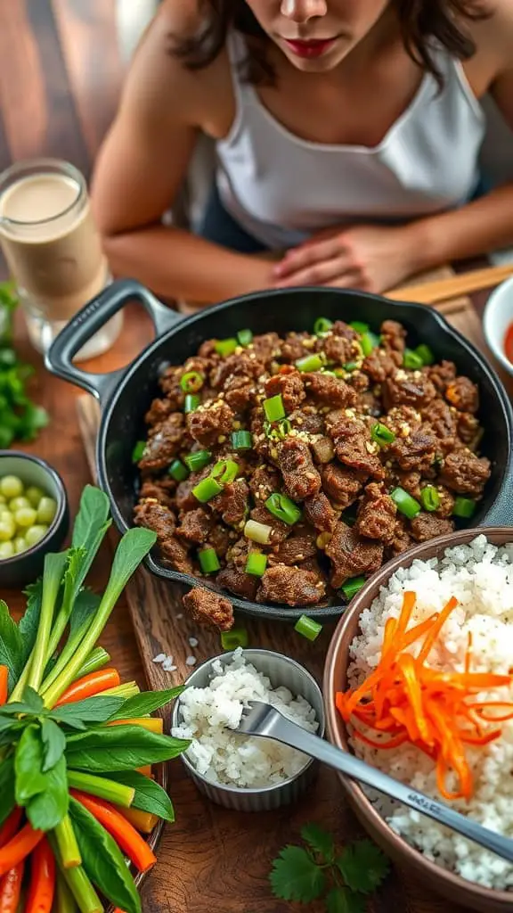 A Korean ground beef skillet with colorful vegetables and rice.