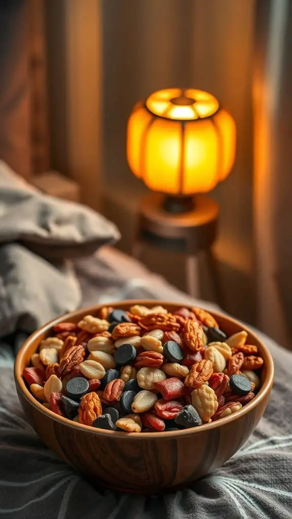 A wooden bowl filled with a colorful mix of nuts, seeds, and dried fruits, ideal for a late-night snack.