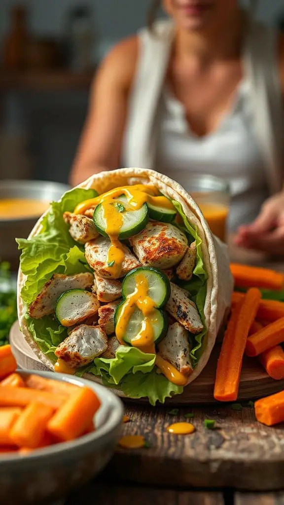 Honey mustard chicken wraps with lettuce and cucumbers, served with carrot sticks on the side.