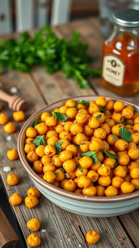 A bowl of honey mustard roasted chickpeas with a drizzle of honey in the background.