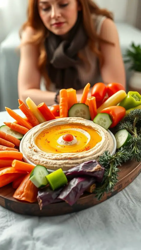 A colorful platter of sliced vegetables arranged around a bowl of hummus, garnished with olive oil.