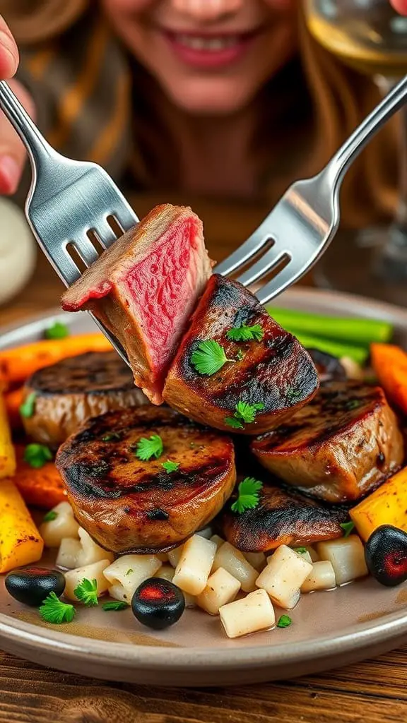 A plate of Garlic Butter Steak Bites garnished with parsley and served with vegetables.