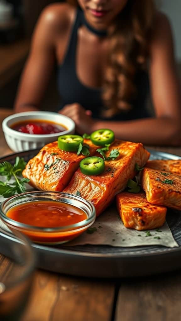 Jamaican jerk salmon bites garnished with jalapeño and cilantro