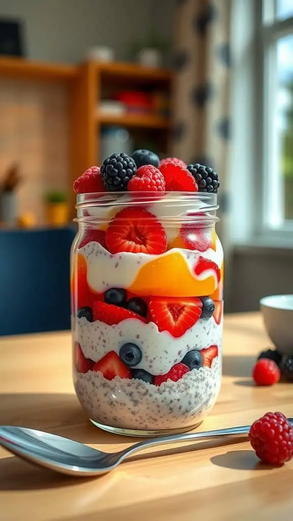 A jar filled with colorful layers of Jello cheesecake overnight oats topped with fresh berries.