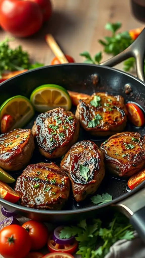 Juicy garlic butter steak bites in a skillet with garnishes