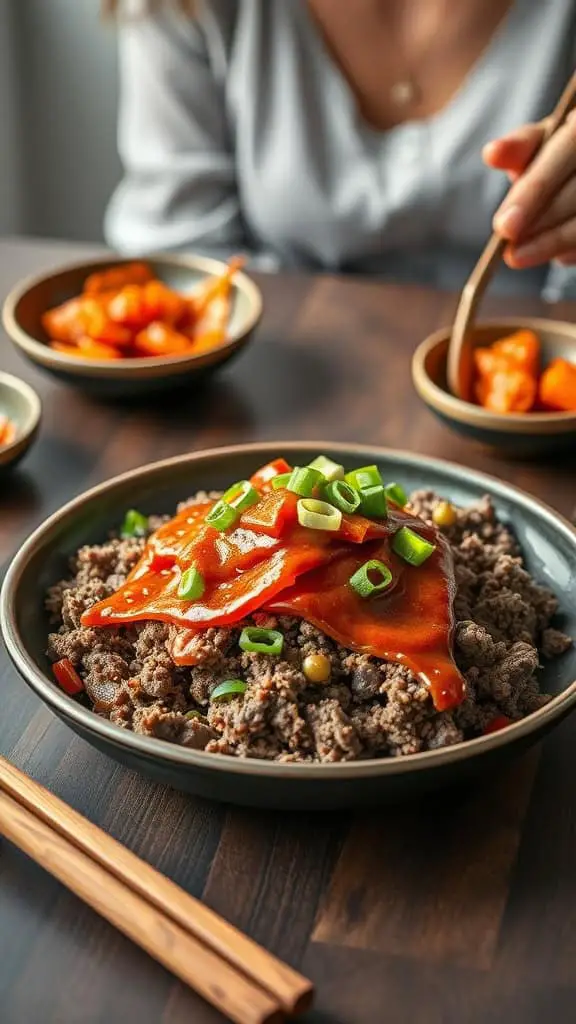 A delicious bowl of keto-friendly Korean ground beef topped with spicy gochujang sauce and green onions.