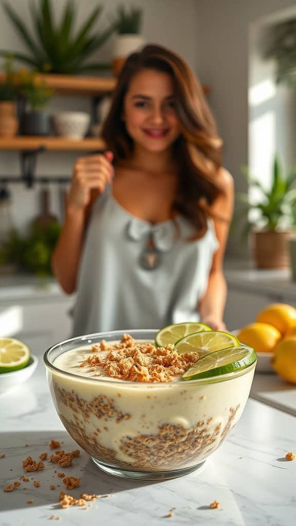 A bowl of key lime cheesecake overnight oats topped with lime slices and graham cracker crumbs.