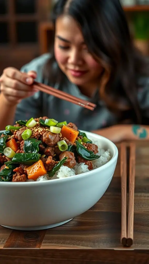 A delicious bowl of Korean-inspired ground beef and spinach with vegetables.