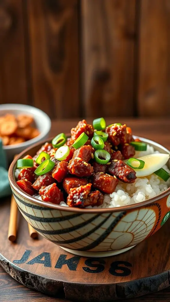 A bowl of Korean BBQ Ground Beef served over cauliflower rice with green onions.