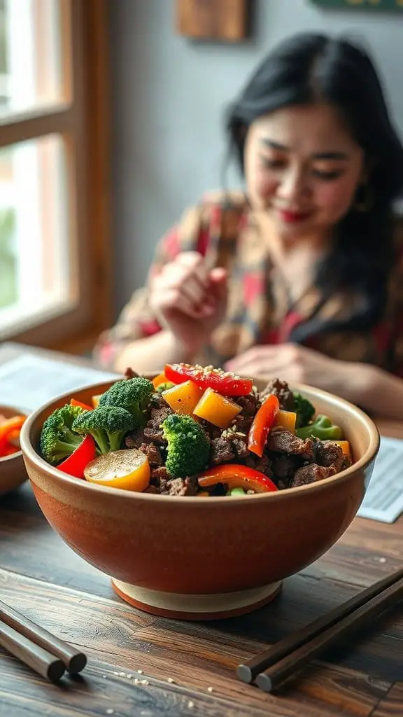 A vibrant bowl of Korean ground beef and broccoli stir-fry with colorful vegetables.