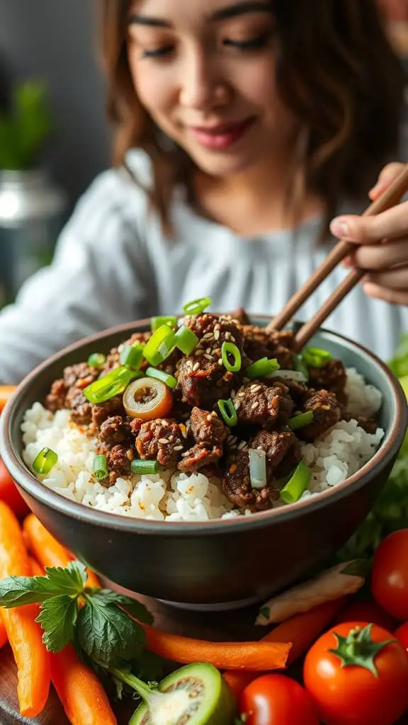 A delicious Korean ground beef and cauliflower rice bowl topped with green onions.