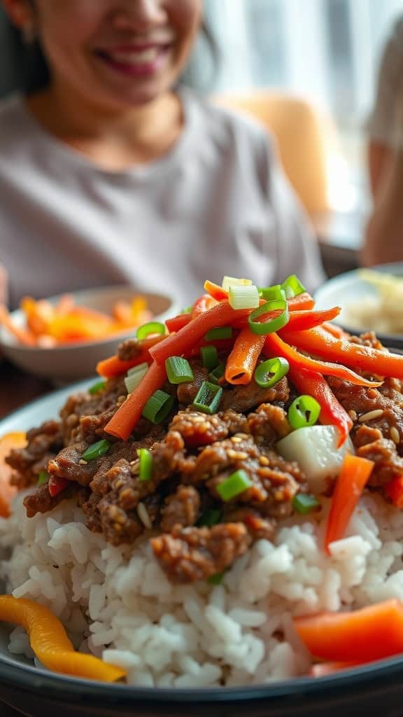 A bowl of Korean ground beef with kimchi served over rice, topped with colorful vegetables.