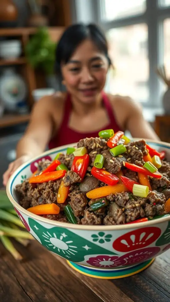 Delicious Korean ground beef and veggie stir-fry served in a colorful bowl