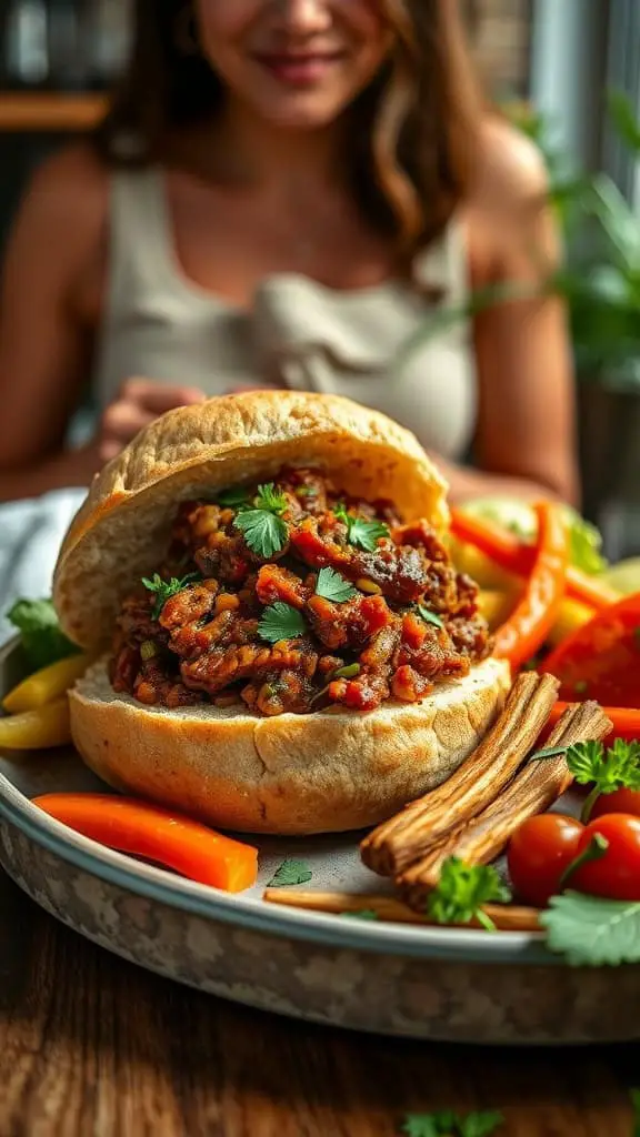 Korean ground beef sloppy joes served on a bun with fresh vegetables on the side.