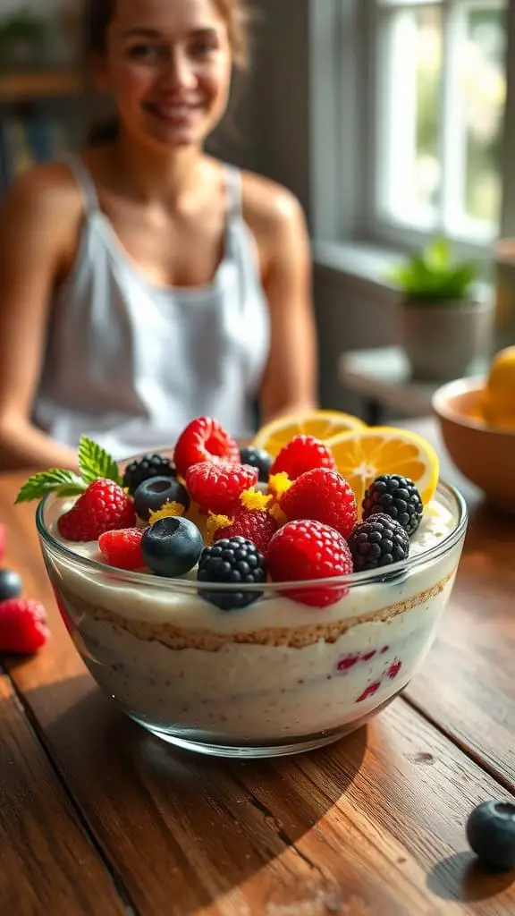 A bowl of lemon cheesecake high-protein overnight oats topped with fresh berries and lemon slices.