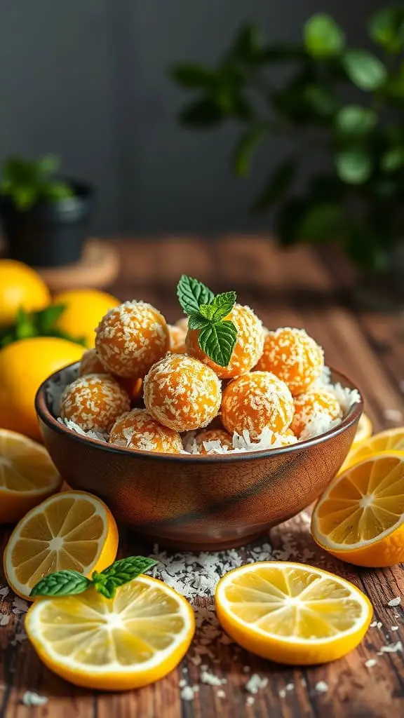 A bowl of lemon energy balls, garnished with mint, surrounded by fresh lemon slices.