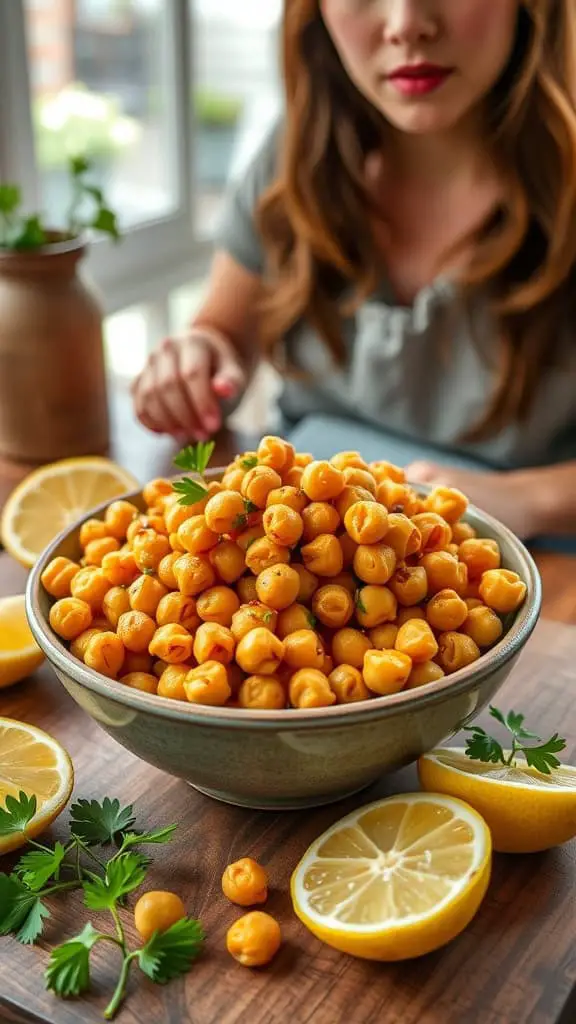 Bowl of lemon pepper roasted chickpeas on a wooden table with lemon slices and fresh herbs.