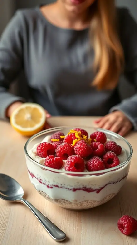 A bowl of lemon raspberry cheesecake overnight oats topped with fresh raspberries and lemon zest.