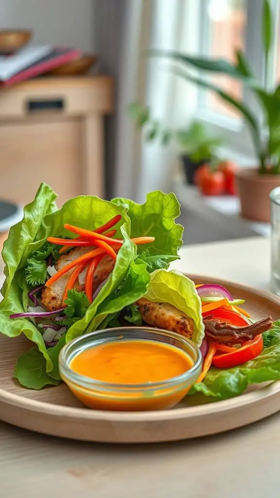 A delicious plate of lettuce-wrapped chicken with colorful vegetables and a dipping sauce, perfect for a low-carb meal.