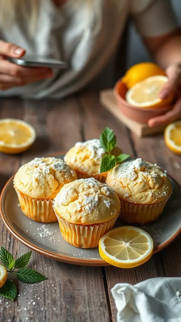 Light and airy Greek yogurt lemon muffins topped with powdered sugar and garnished with mint and lemon slices.