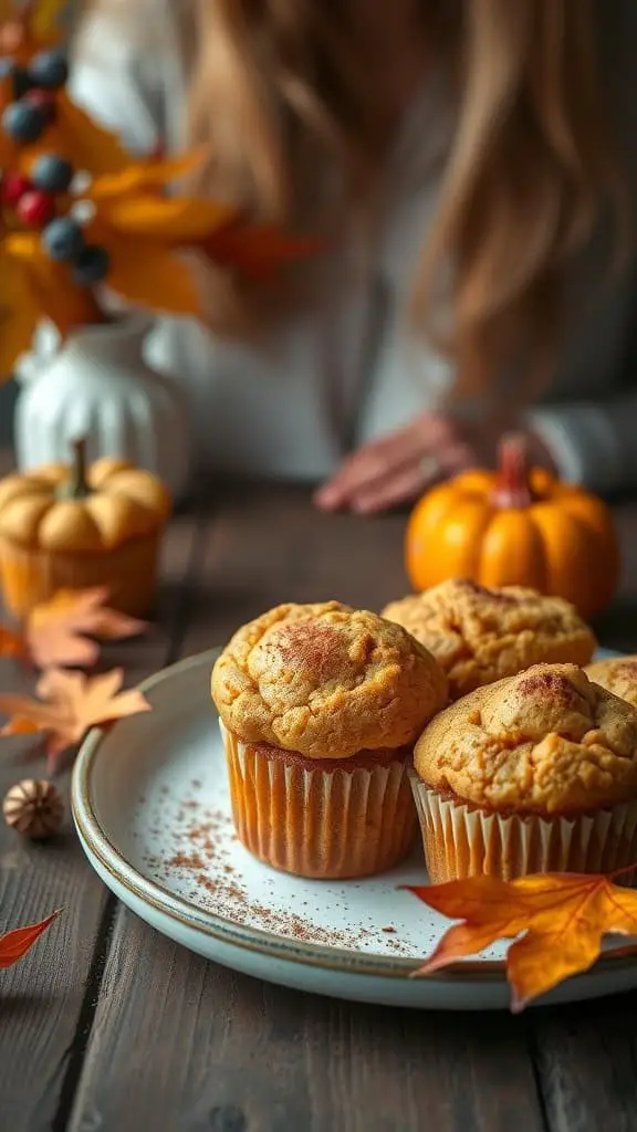 Pumpkin spice muffins on a plate with autumn leaves and small pumpkins