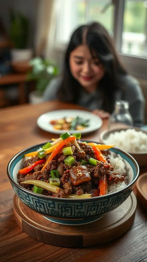 Bowl of Korean ground beef stir-fry with colorful vegetables.